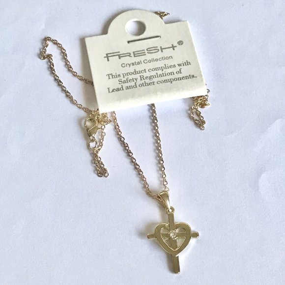 Sacred Heart Cross Necklace 18" Gold Plated Crystal Catholic Christian Gift - Picture 5 of 11